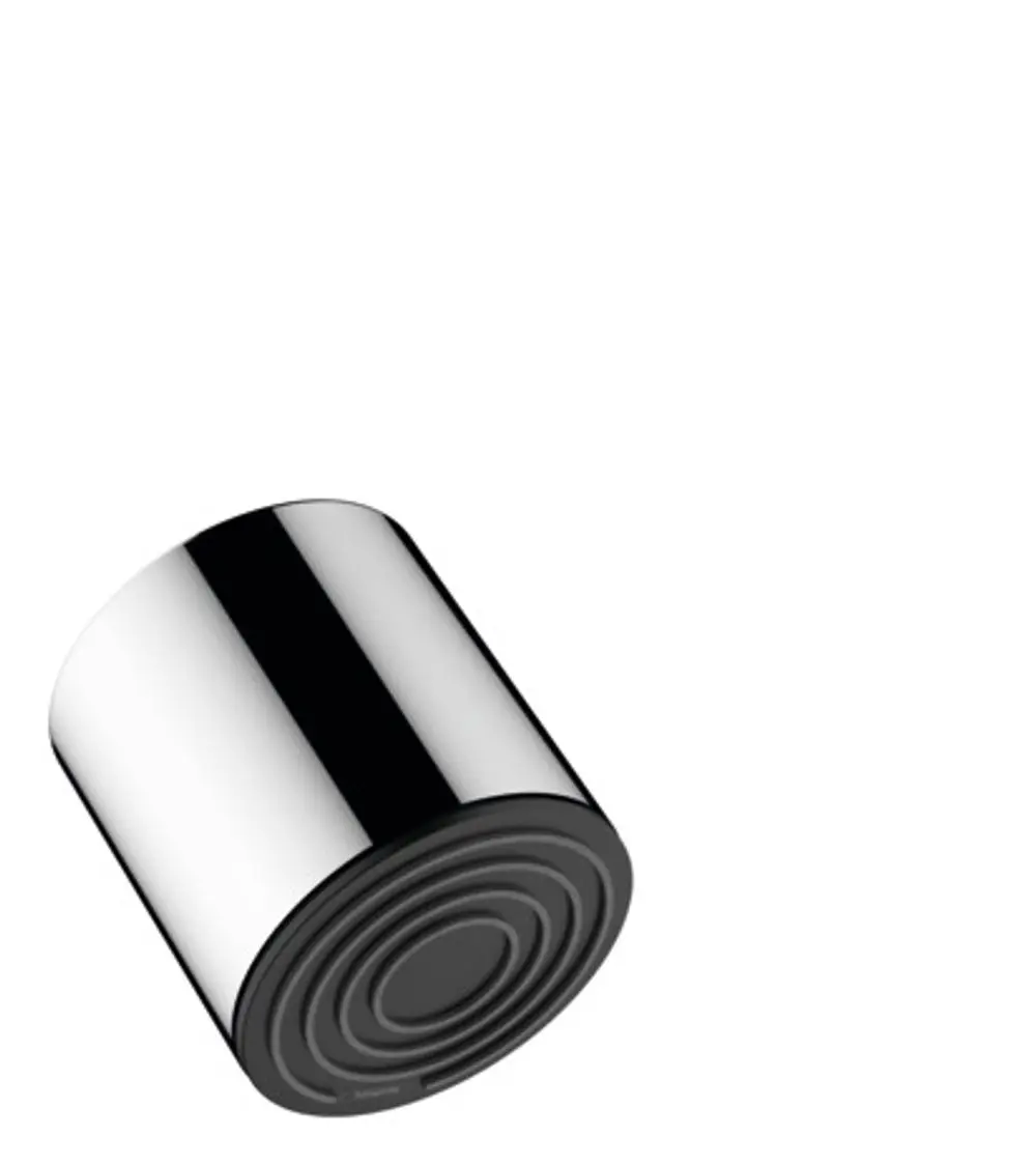 Kopfbegleiter aus Chrom mit runder, flacher Oberfläche und Spiralstruktur an der Unterseite. Von Hansgrohe, schlicht und funktional.